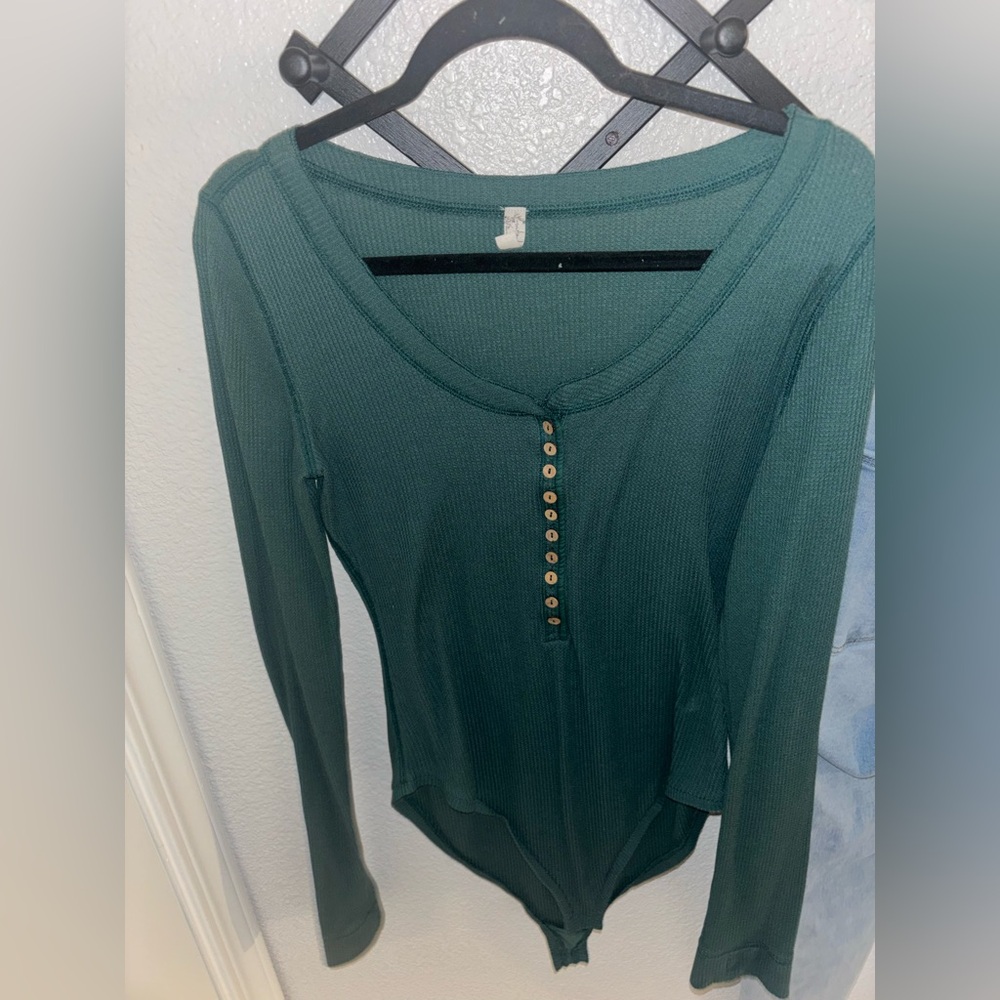 Free People Intimately Carly Thermal Bodysuit Green Henley Waffle Size Large - Picture 2 of 4